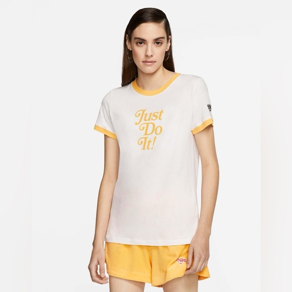 Nike just do it raglan short sleeve ringer t-shirt in white and yellow - Picture 1 of 15
